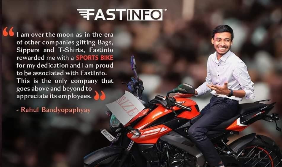 FastInfo employee testimonial featuring an employee awarded a sports bike
